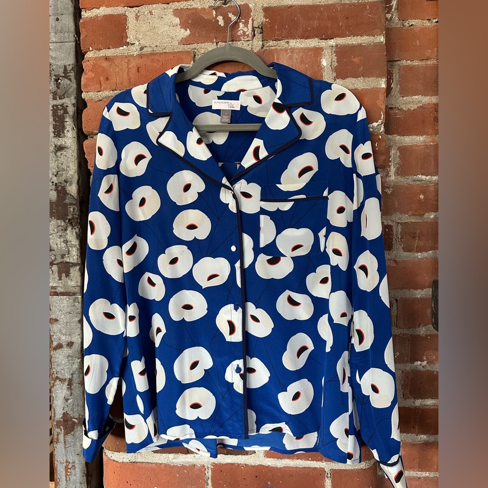 Olivia Palermo Blue and White Notched Collar Button Down Silk Blouse
